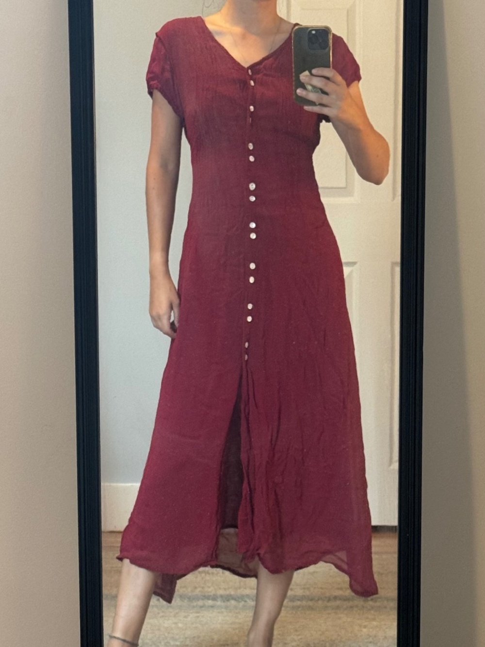 Vintage Maroon Button-Front Maxi Dress S - Viscose with Cotton Lining